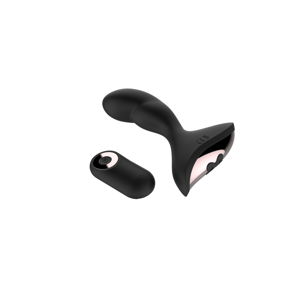 Black remote-controlled anal vibrator with a curved design and a separate remote.