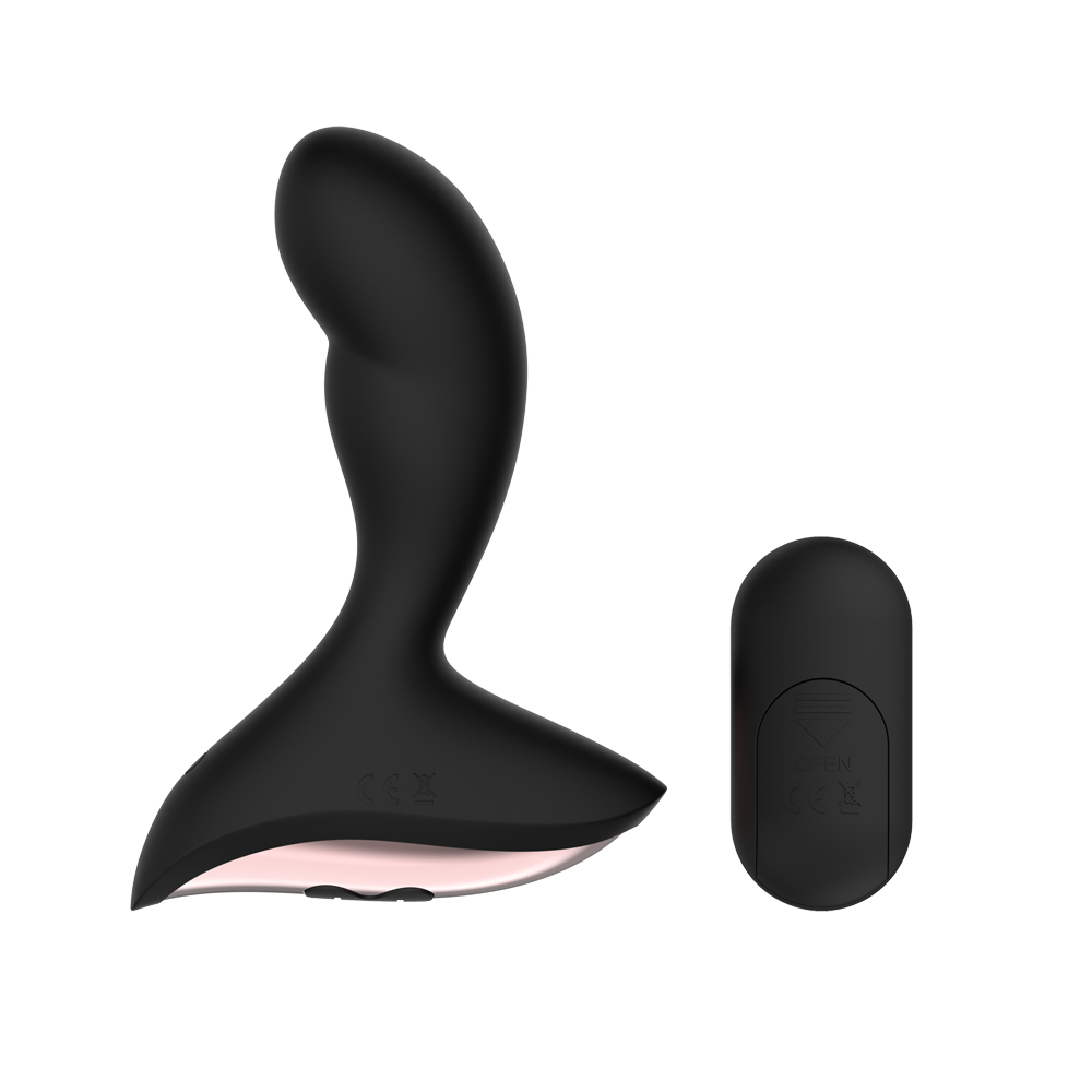 Black silicone anal vibrator with a curved tip and a separate remote control.