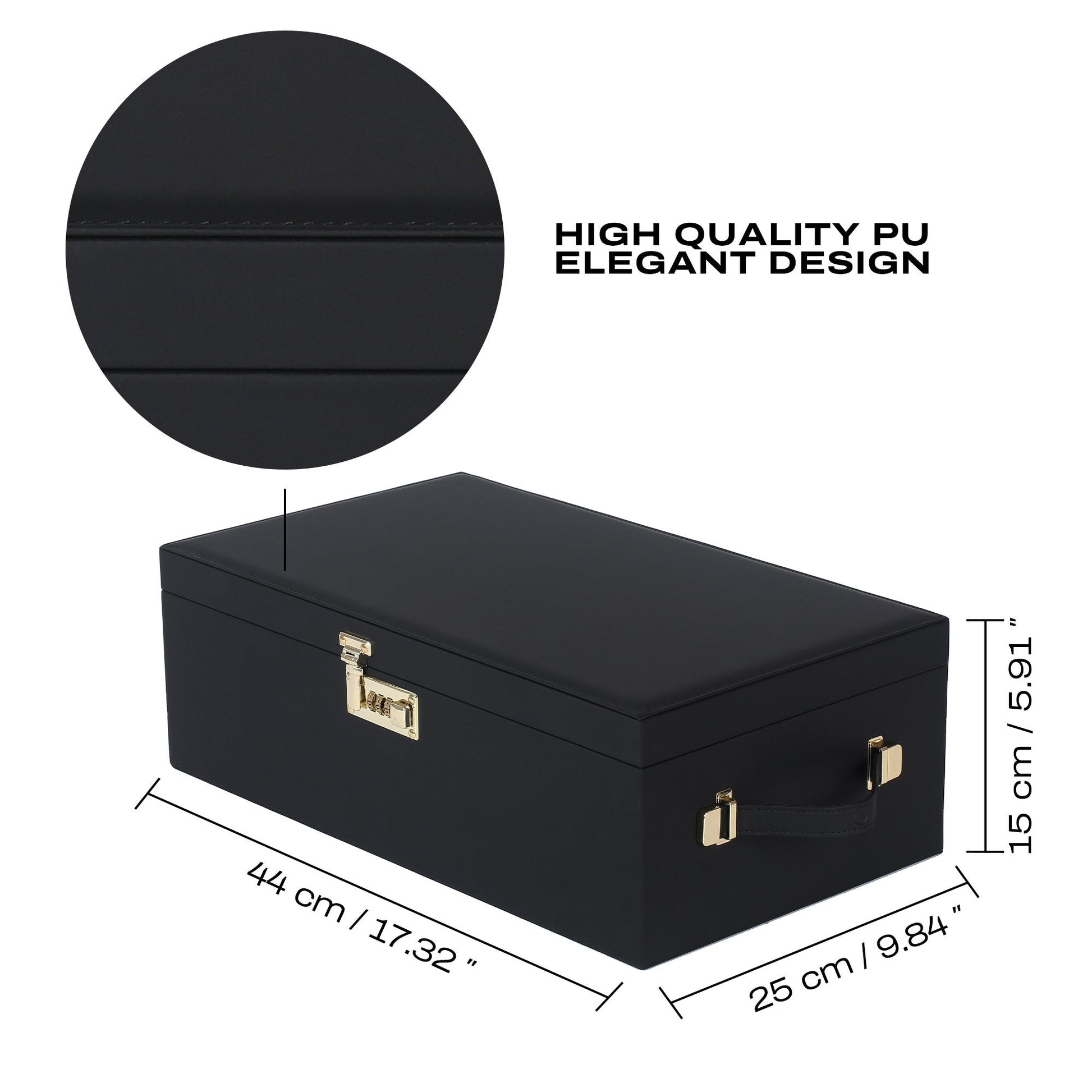 Black faux leather storage case with combination lock and handle, 44x25x15 cm.