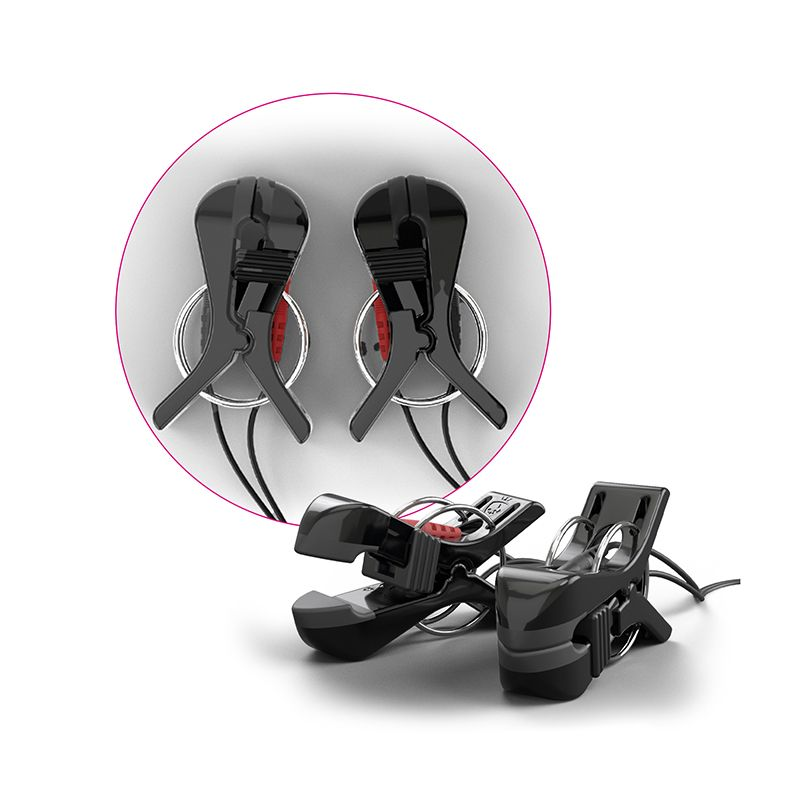 Black bipolar E-stim nipple clamps with adjustable intensity.