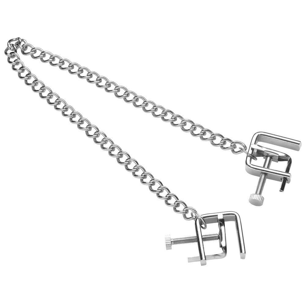 Silver metal nipple clamps with adjustable screws and a connecting chain.