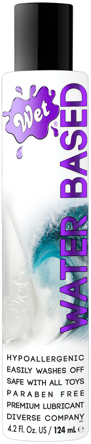Wet water-based lubricant in a bottle with a wave image and text.