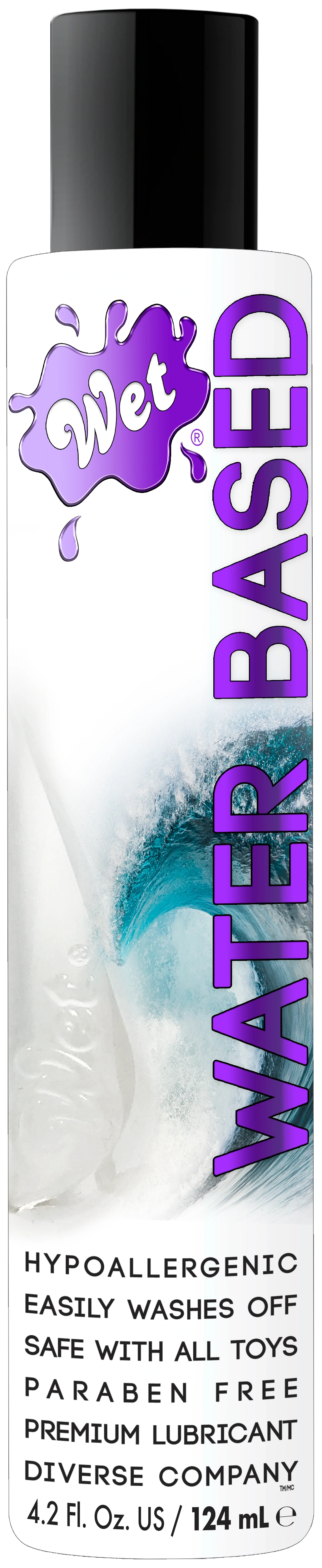 Wet water-based lubricant in a bottle with a wave image and text.