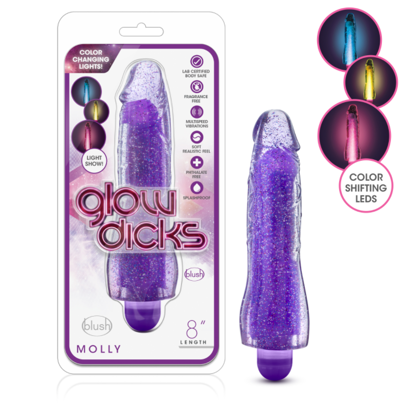 Purple glitter vibrator with color-changing lights and realistic feel.