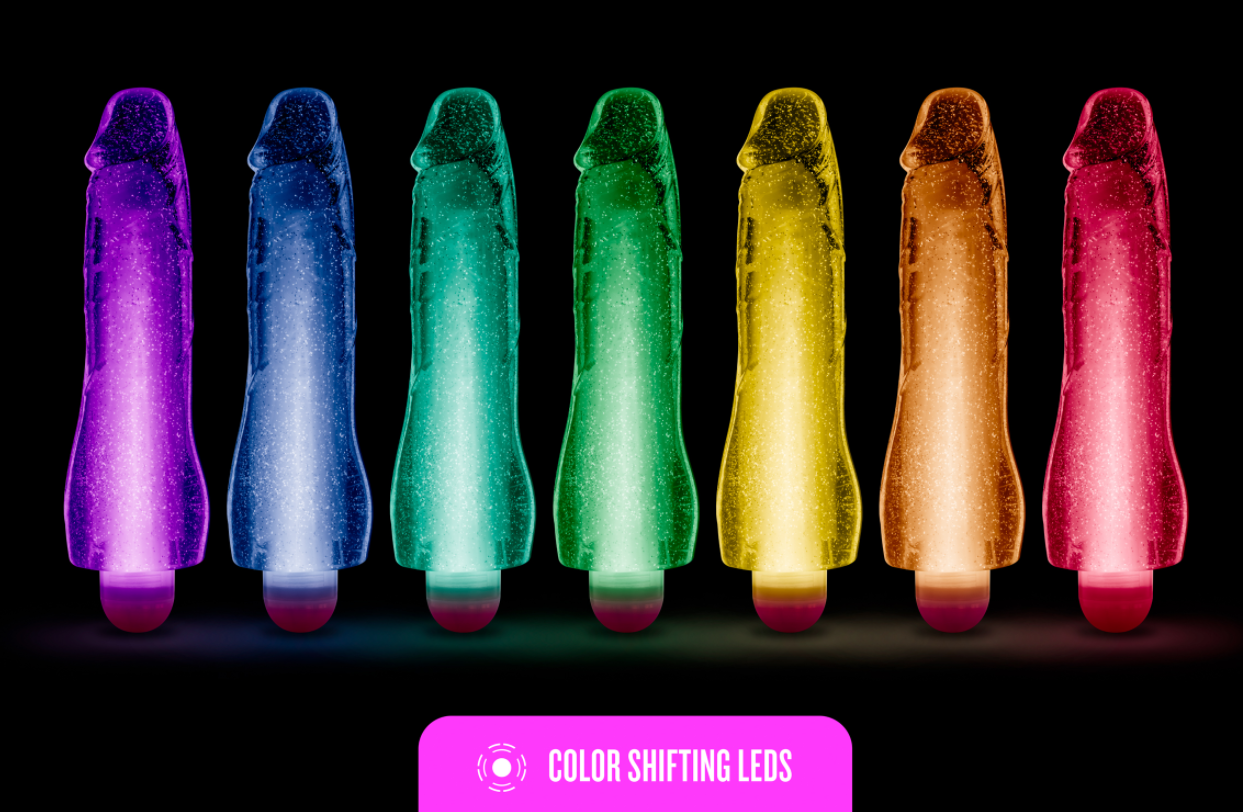 Seven vibrators in different colors with a glowing effect.
