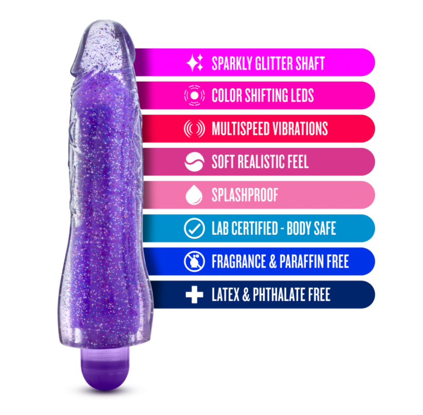 Purple glow-in-the-dark glitter G-spot vibrator with multicolor LED labels.