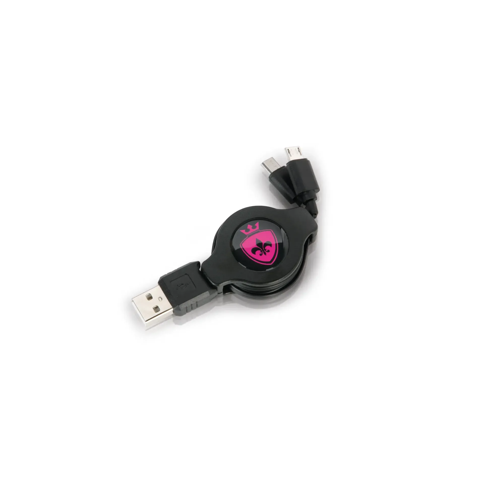 Black retractable USB charging cable with pink logo and dual micro USB connectors.
