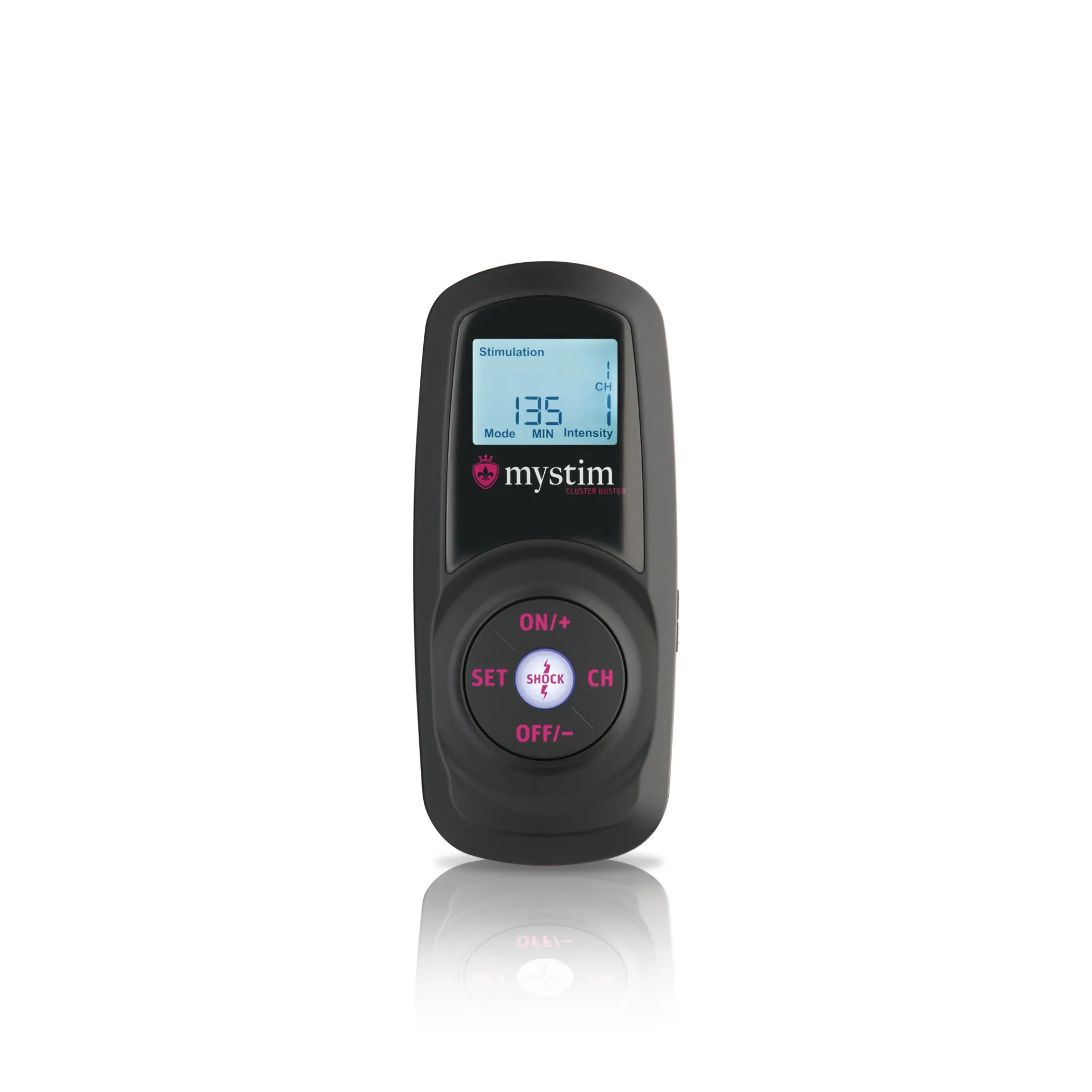 Mystim wireless e-stim device with remote control and digital display.