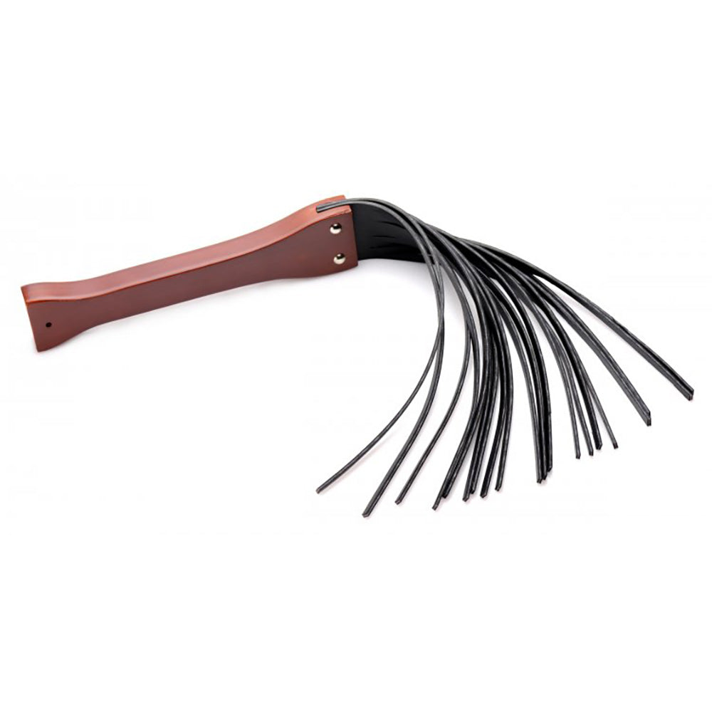 Brown wooden handled flogger with black PU leather falls.