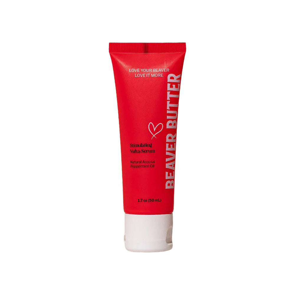 A red tube of Beaver Butter stimulating vulva serum with peppermint oil.