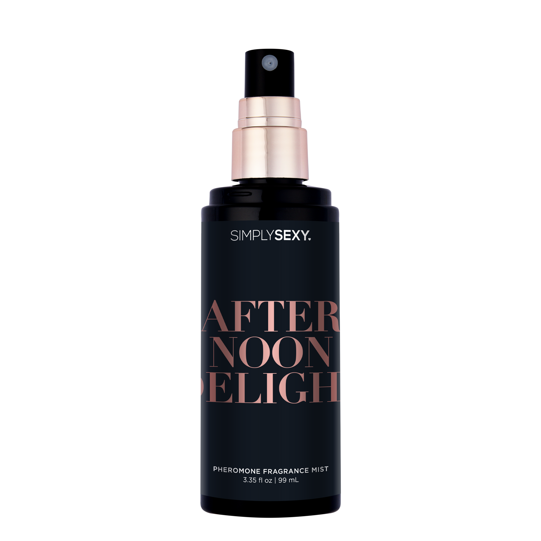 Simply Sexy Afternoon Delight Pheromone Body Mist in a black bottle with rose gold accents.