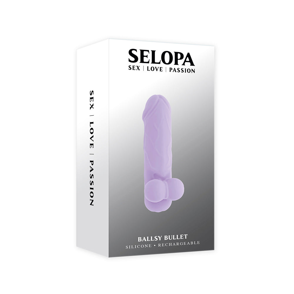 A purple silicone vibrator with a textured shaft and two rounded bulbs on a white box.