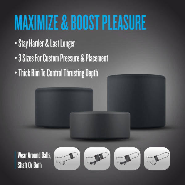 Three black silicone cock rings of varying sizes are shown with diagrams of their placement.