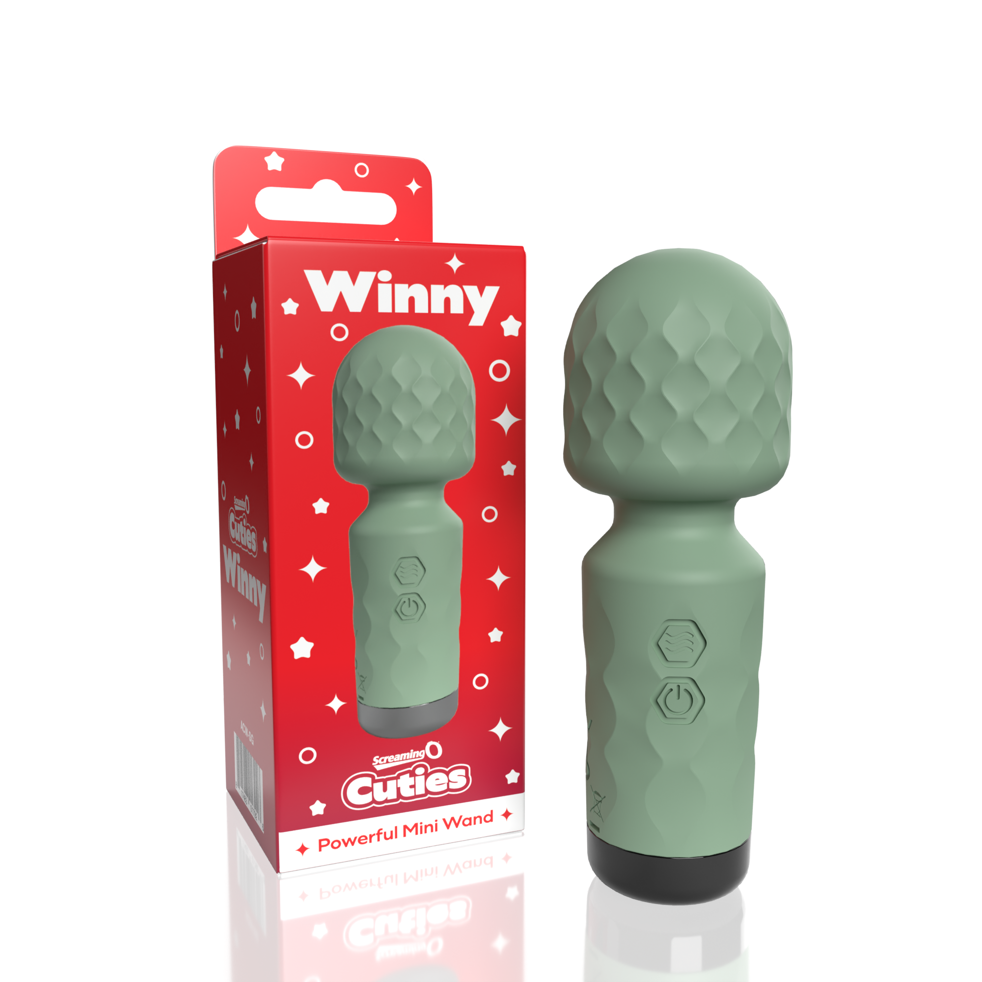 A green mini wand vibrator with a textured head and two buttons on the handle, next to its red packaging.