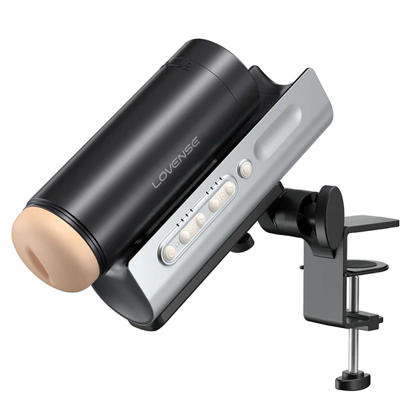 Black and silver automatic male stroker with a clamp mount.