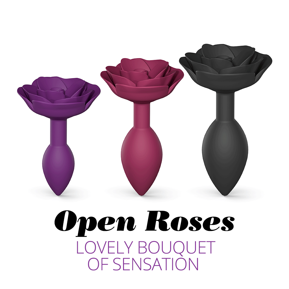 Small purple silicone anal plug with rose-shaped handle.