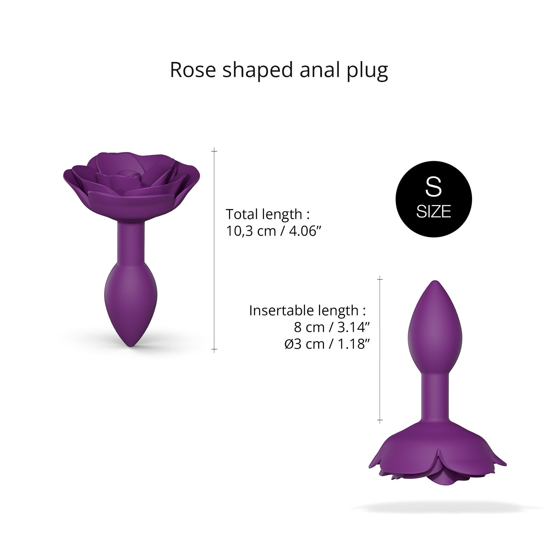 Purple silicone anal plug shaped like an open rose with size S.