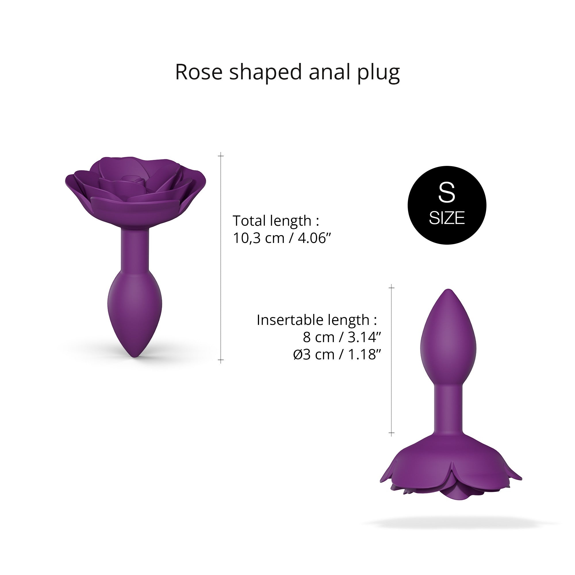 Purple silicone anal plug shaped like an open rose with size S.