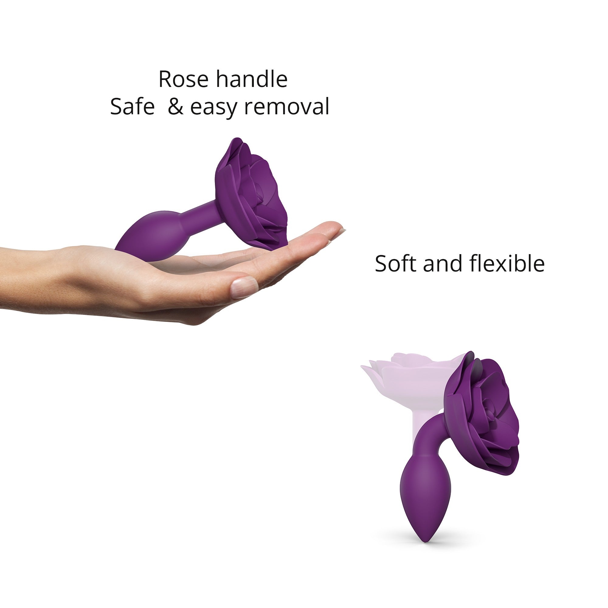 Purple silicone anal plug with a rose-shaped handle.
