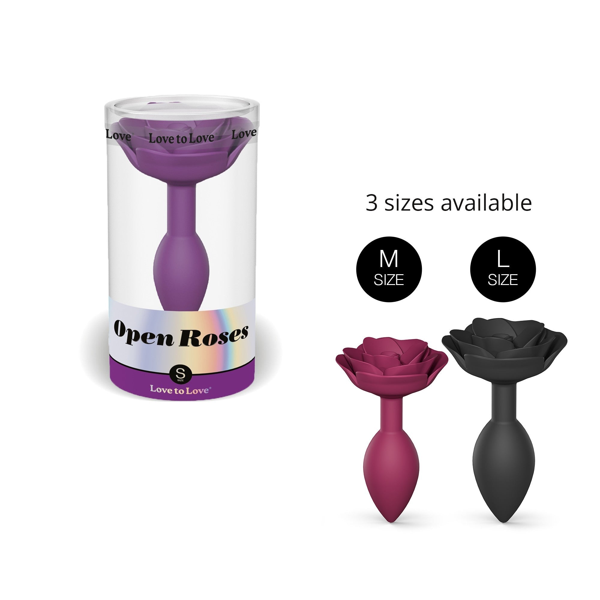 Purple Open Roses silicone anal plug, size small, in packaging and shown with medium and large sizes.
