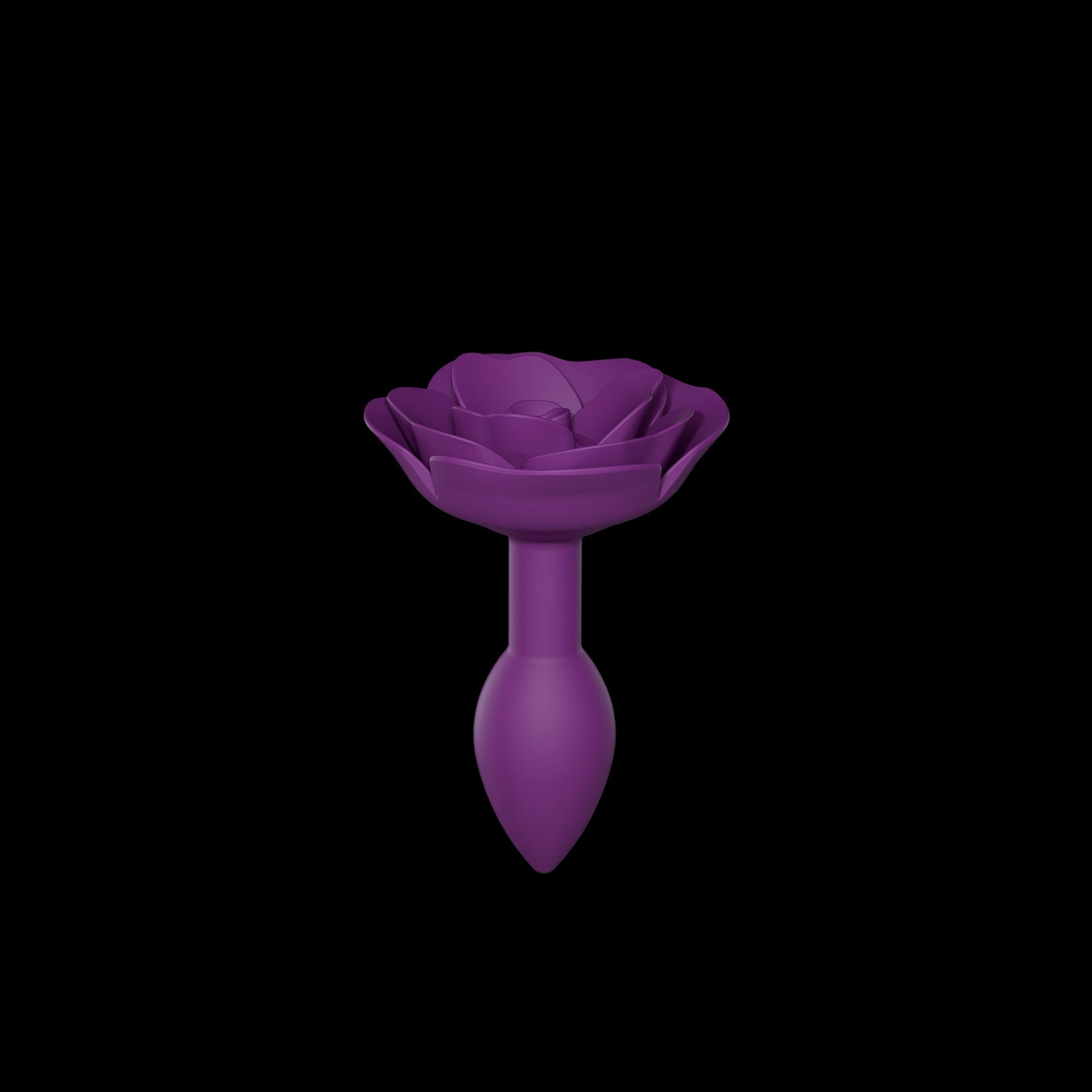 Purple silicone anal plug shaped like an open rose with a tapered base.