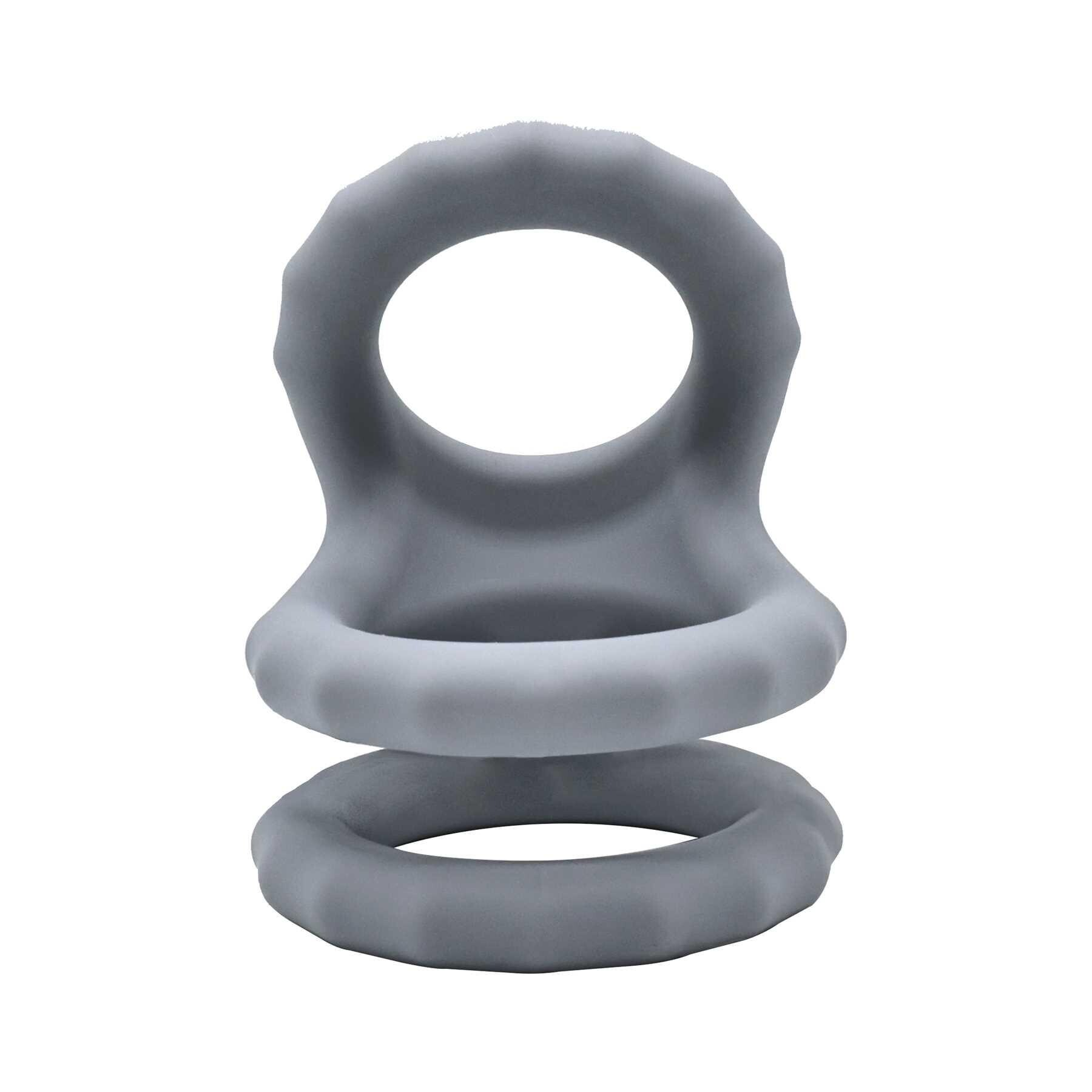 Gray ribbed triple cage silicone cock ring.
