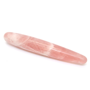 A pink rose quartz crystal wand with swirling white patterns.