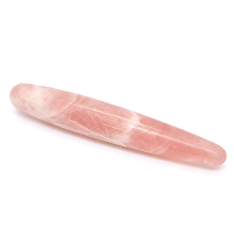 A pink rose quartz crystal wand with swirling white patterns.