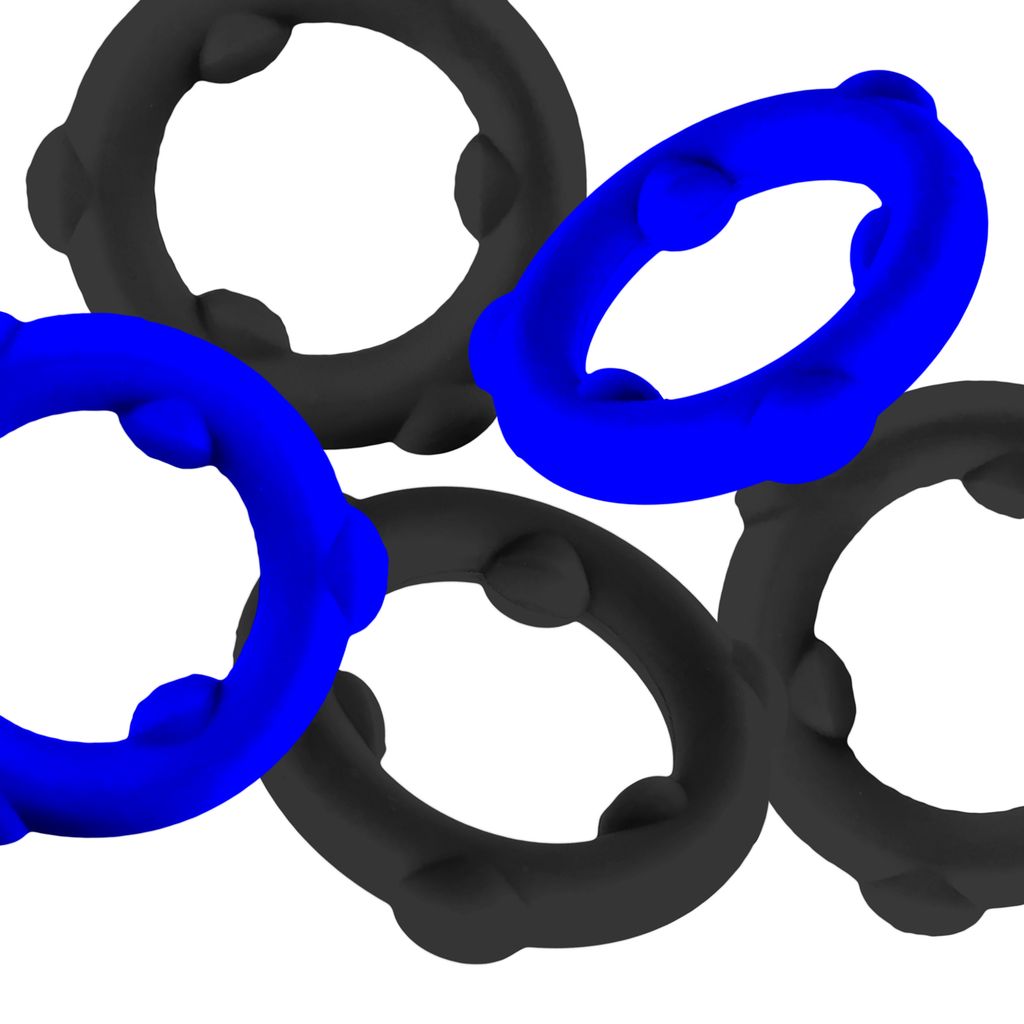 Five spinner silicone cock rings, two blue and three black.
