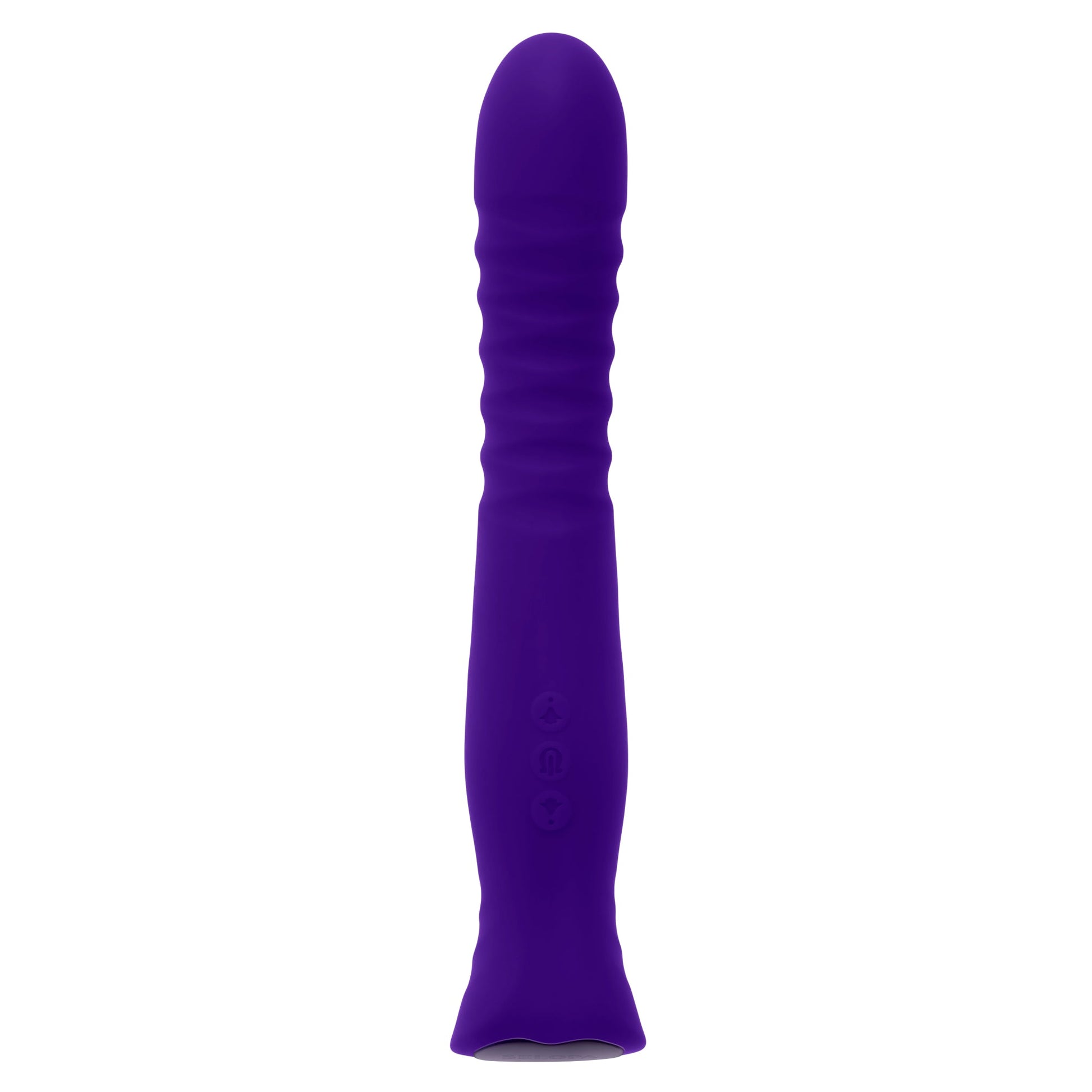 A purple textured silicone vibrator with three control buttons.