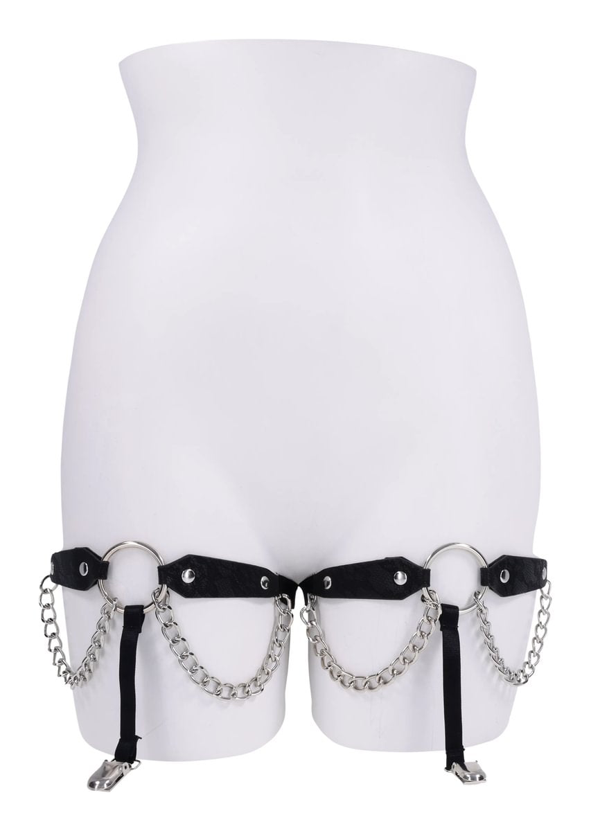 Black faux leather garter belt with silver chains and clips.