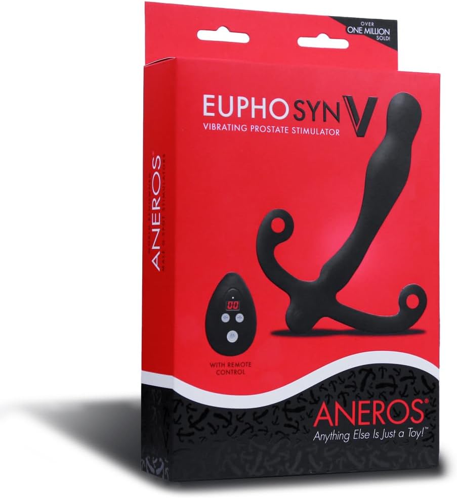 Aneros Eupho Syn V vibrating prostate stimulator with remote control on a red box.