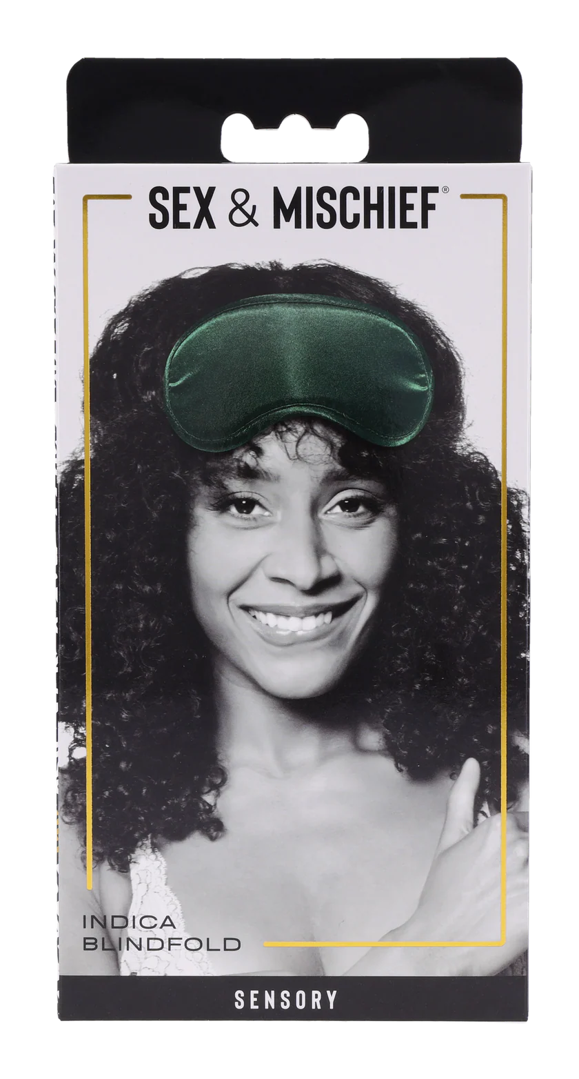 Emerald green satin blindfold with dual straps.