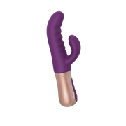 Purple rabbit vibrator with textured handle and rose gold base.