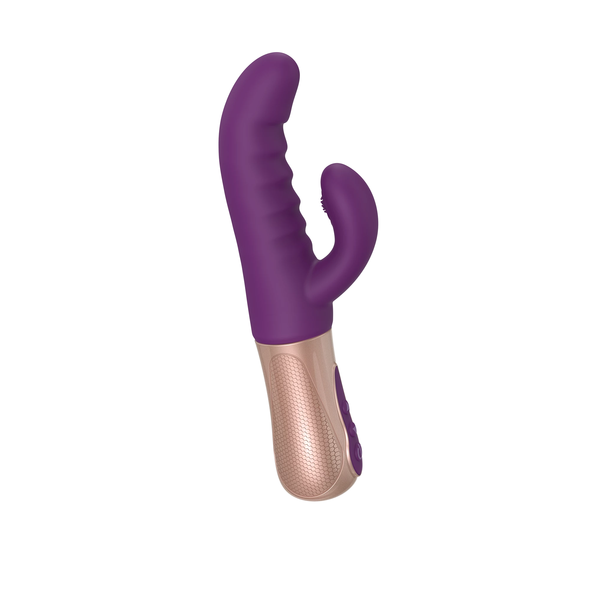 Purple rabbit vibrator with textured handle and rose gold base.