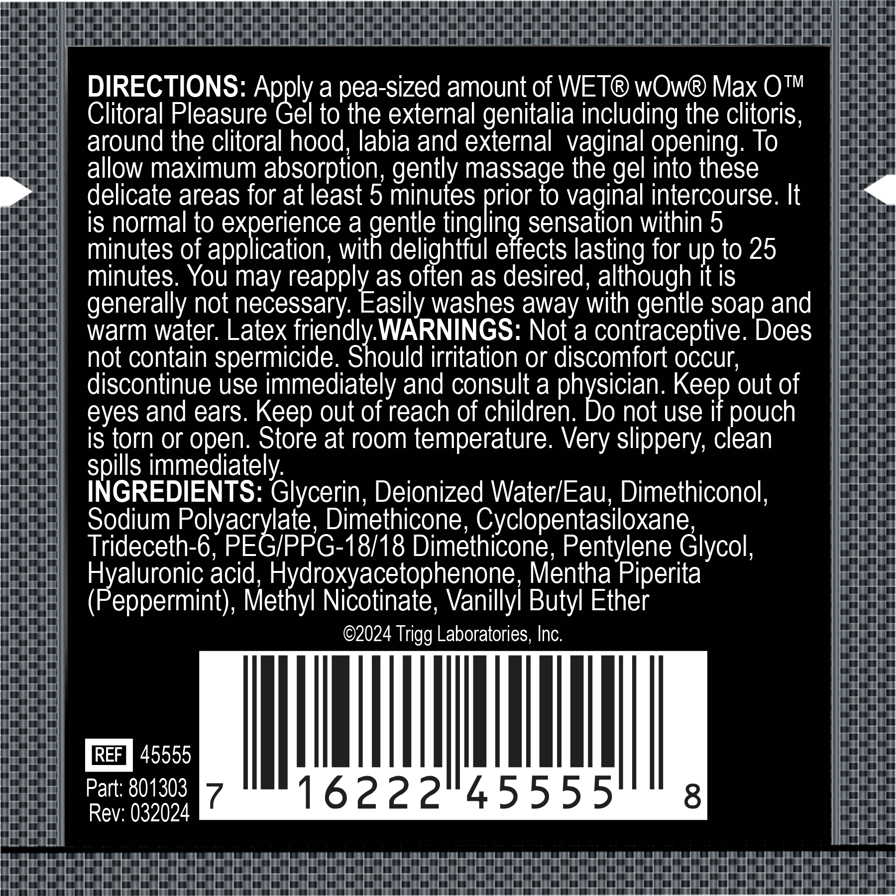 Clitoral arousal gel with hyaluronic acid and ingredients list.