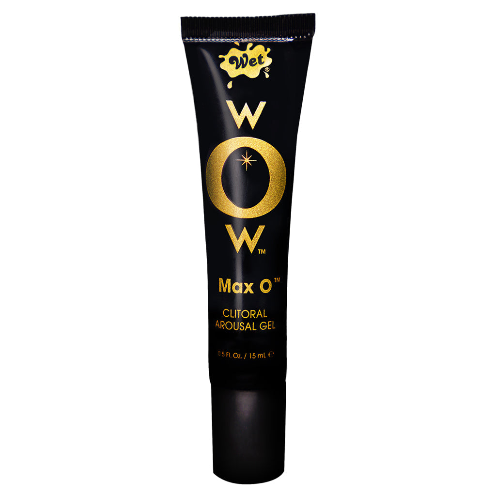 A black tube of Wet wOw Max O Clitoral Arousal Gel with gold lettering.