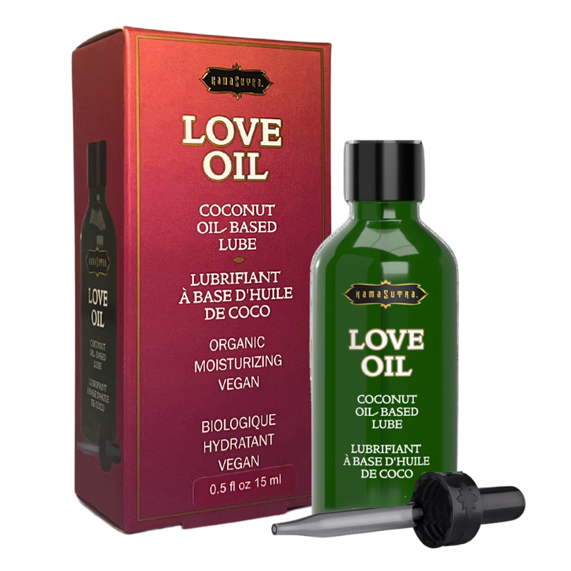 Kama Sutra Love Oil, organic coconut oil-based lubricant in a green bottle with a dropper.