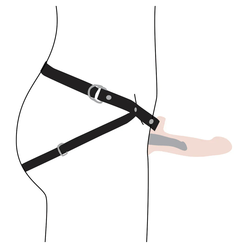 Harness with a vibrating penis sheath.