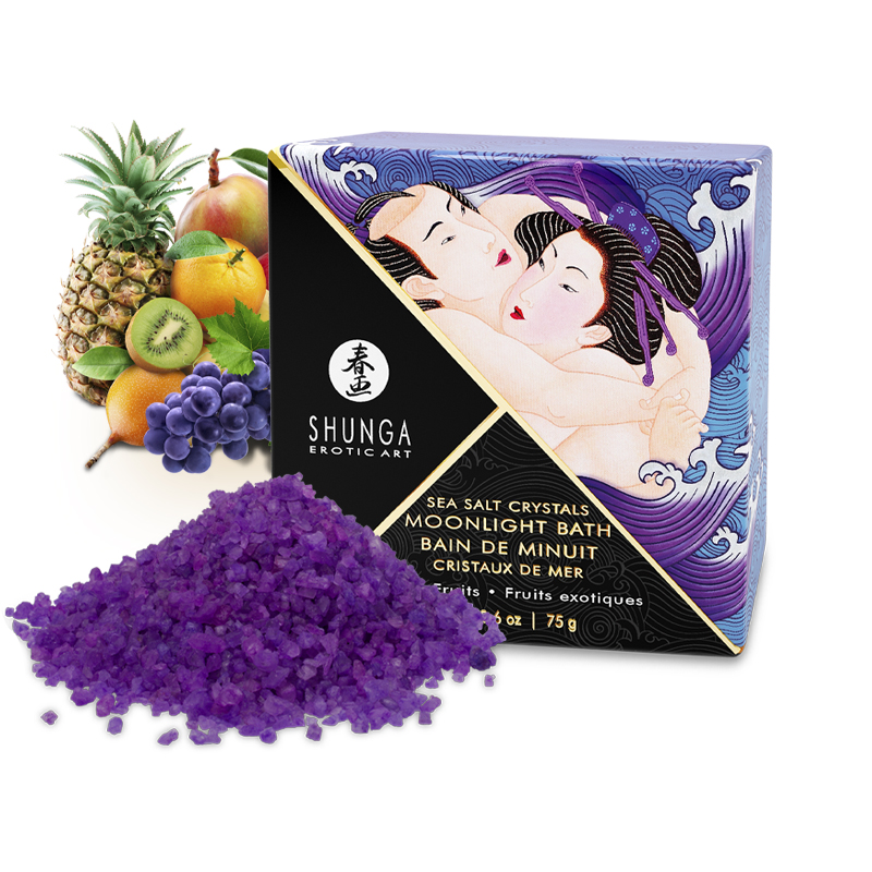 Shunga Exotic Fruits Dead Sea Bath Salts with fruits and purple bath salts.
