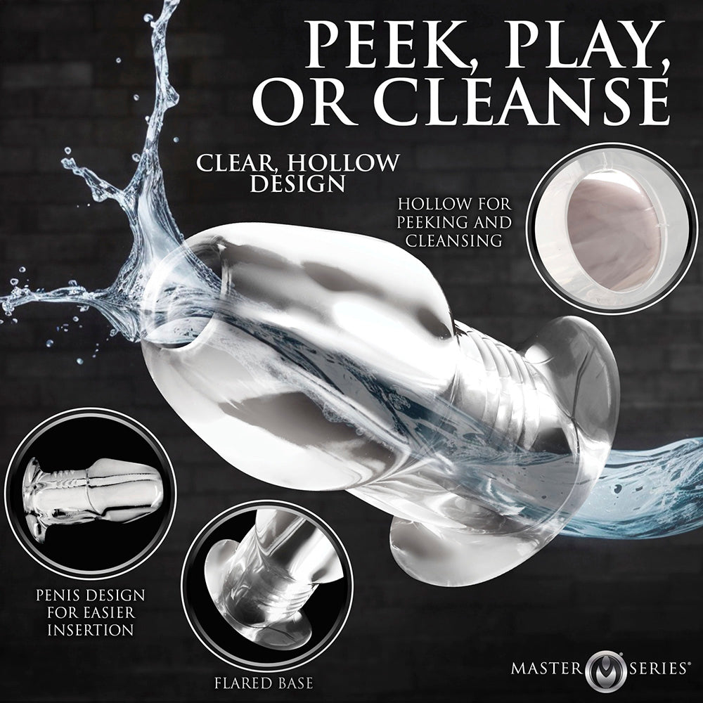 Clear hollow anal plug with flared base and penis design for easier insertion.