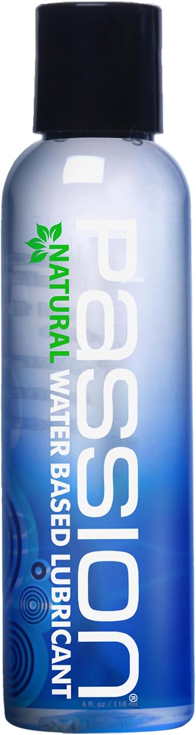 Passion Natural Water-Based Lubricant in a clear bottle with blue accents.