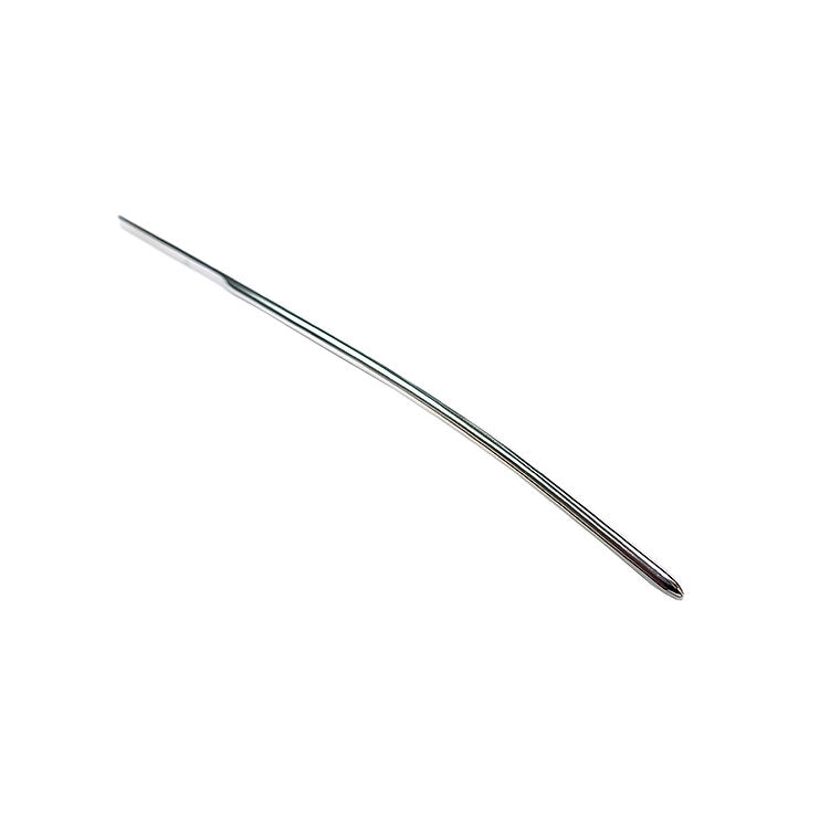 A thin, polished stainless steel urethral dilator with a tapered tip.