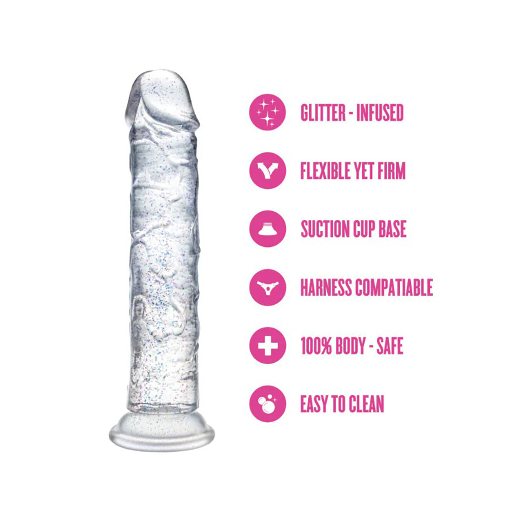 Clear glitter-infused flexible dildo with suction cup base, 6 inches long.