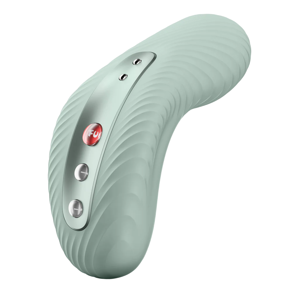 A light green external massager with textured waves and control buttons.