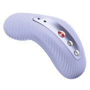 A light purple external massager with a ribbed texture and three buttons.