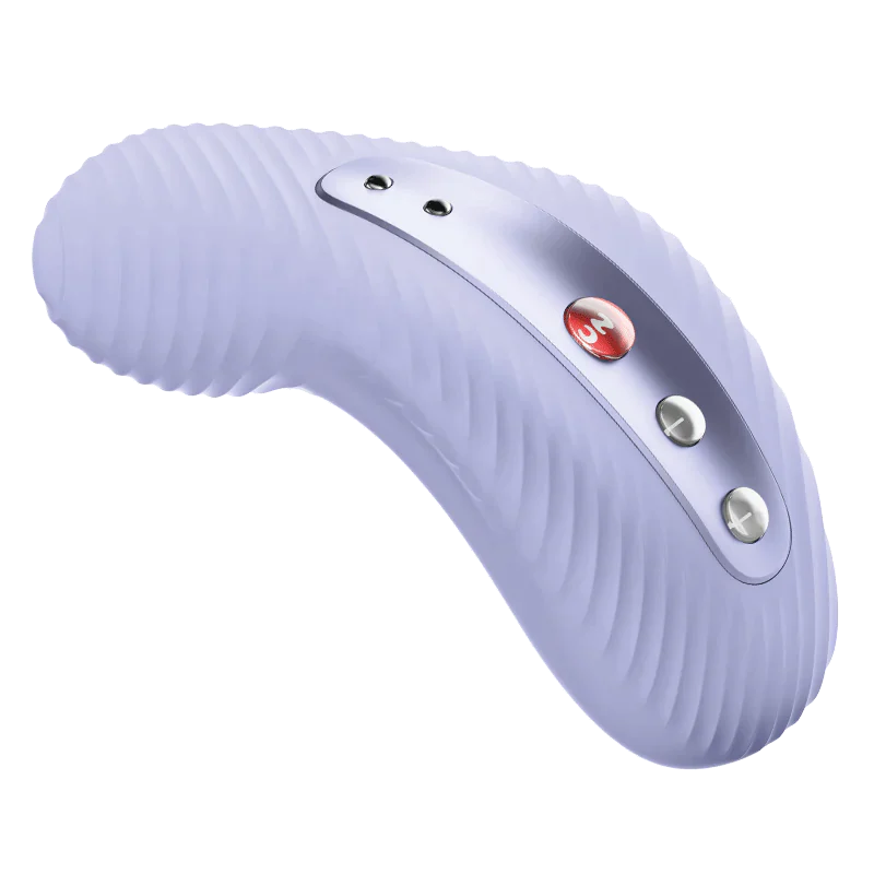 A light purple external massager with a ribbed texture and three buttons.