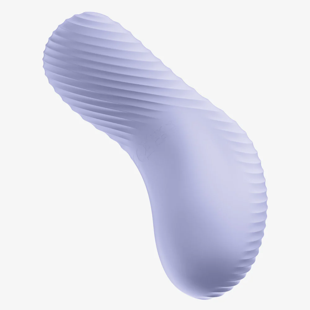 A curved, ribbed purple external massager with a logo.