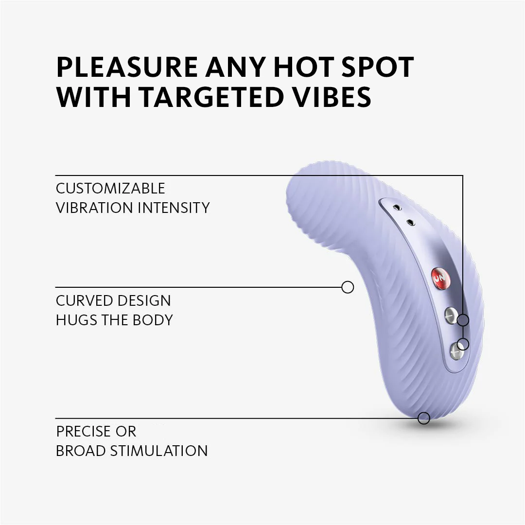 A purple external massager with customizable vibration intensity and a curved design.