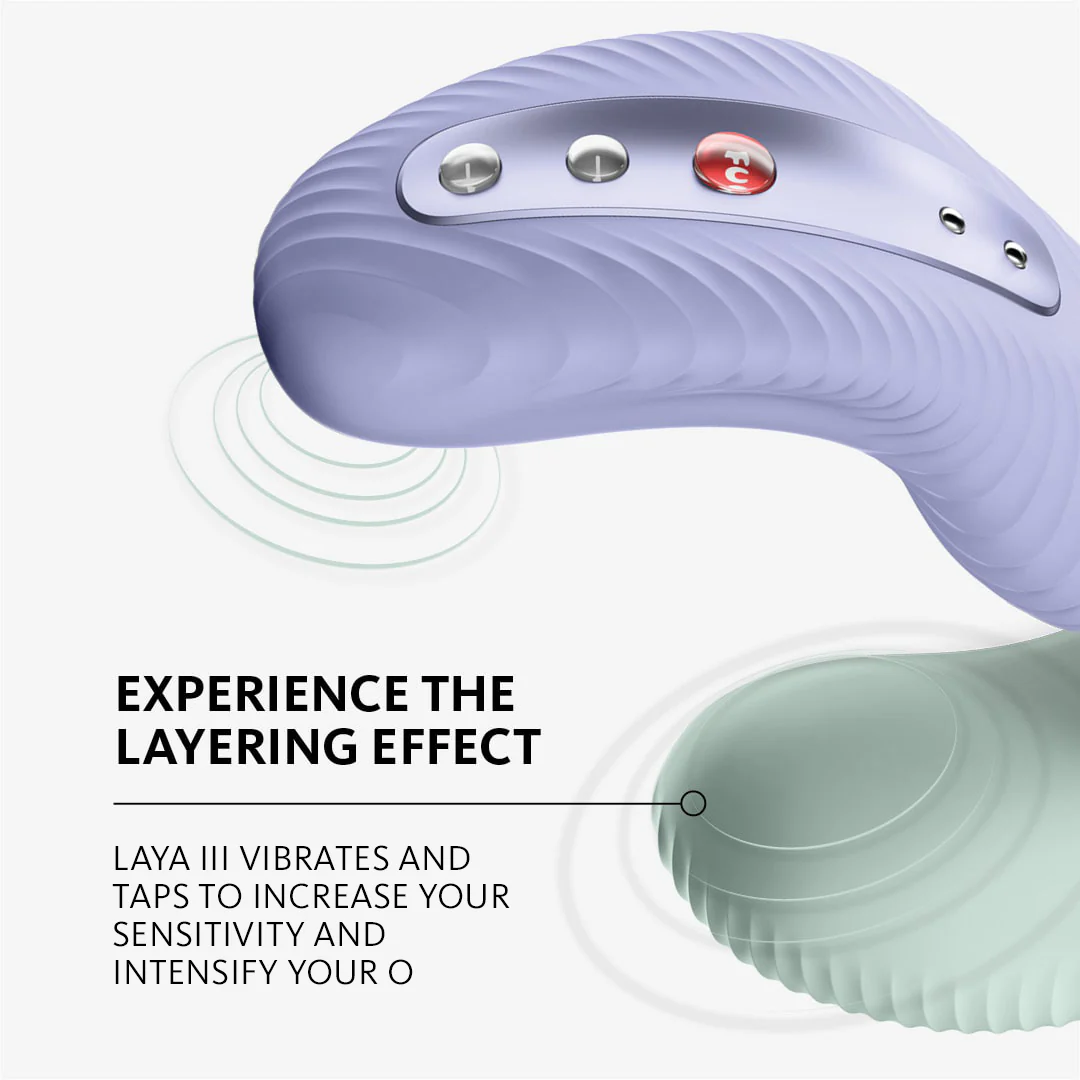 A purple Laya III massager with buttons and a green base, illustrating layered stimulation.